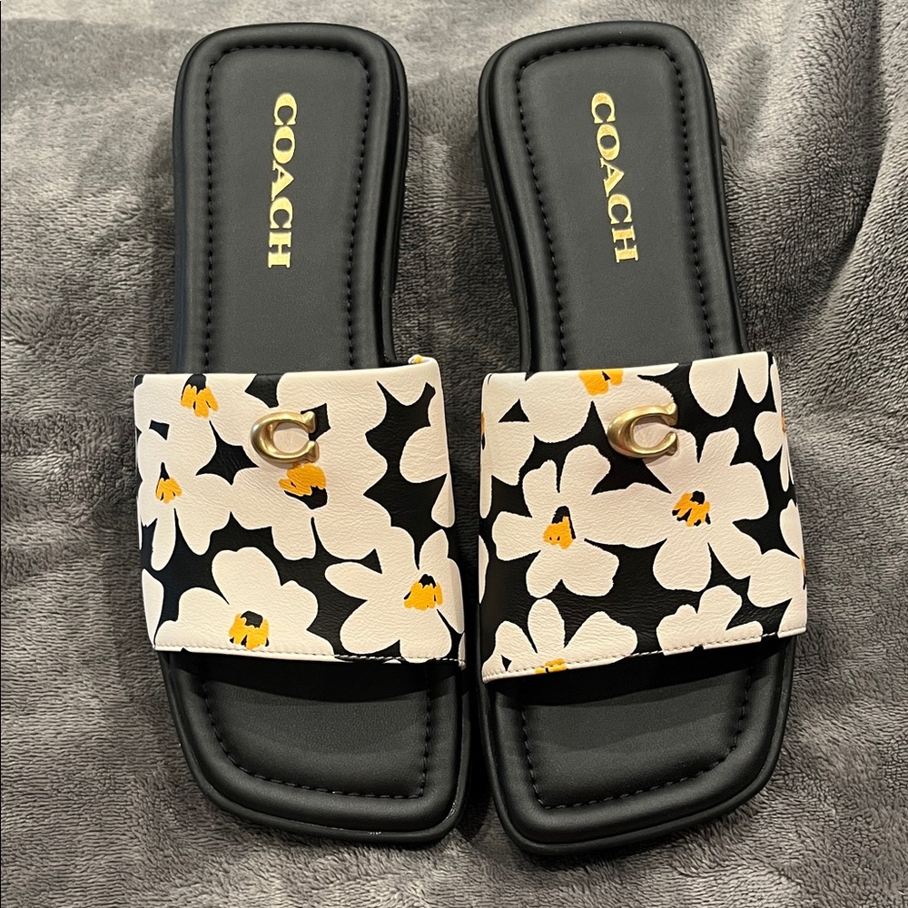 Coach Black and White Floral Slide Sandals - Picture 3 of 4